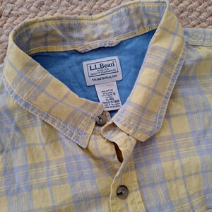 L.L.Bean Men's Size XL Traditional Fit LINEN Blend Button Up Shirt Yellow Plaid
